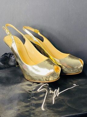 Giuseppe Zanotti Metallic Gold Peep-Toe Slingback Heels